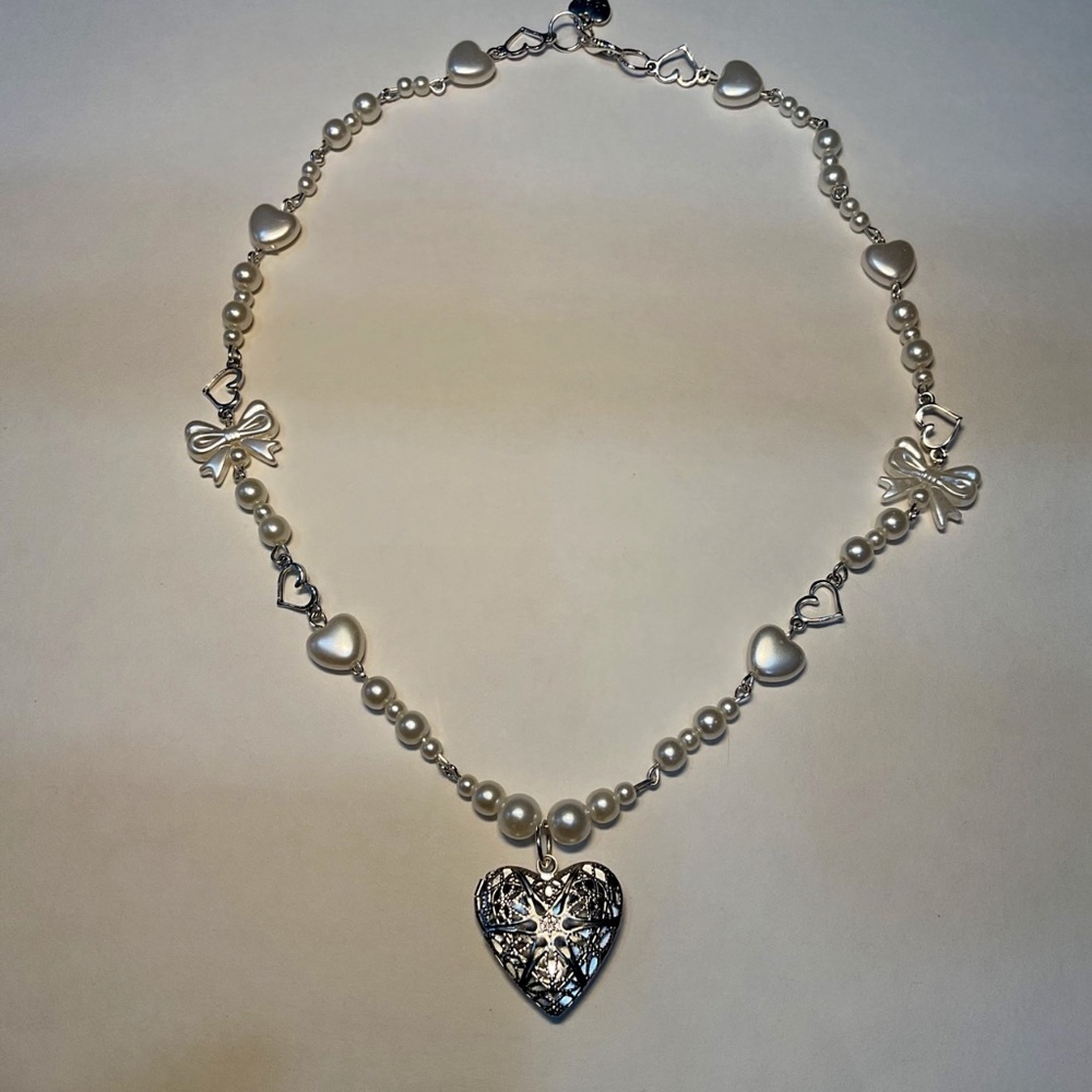 Faux Pearl Coquette Heart Locket Necklace